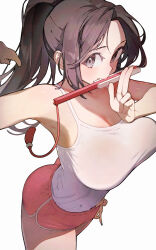 1girl alternate_costume armpits bare_shoulders breasts brown_eyes brown_hair cleavage dolphin_shorts fatal_fury fatal_fury:_city_of_the_wolves folded_fan folding_fan hand_fan high_ponytail highres holding holding_fan large_breasts long_hair looking_at_viewer official_alternate_costume pink_shorts ponytail rindoriko shiranui_mai shorts simple_background smile solo street_fighter street_fighter_6 tank_top the_king_of_fighters thighs white_tank_top