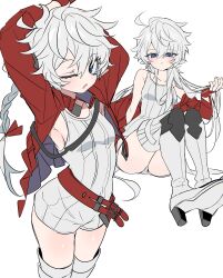 1girl :&lt; absurdres ahoge alisaie_leveilleur arms_up belt blue_eyes boots breasts chu_yeon elezen elf final_fantasy final_fantasy_xiv hair_between_eyes high_heel_boots high_heels highres jacket knee_boots light_blush looking_at_viewer one_eye_closed open_clothes open_jacket parted_lips pointy_ears red_belt red_jacket shoes short_hair_with_long_locks simple_background small_breasts white_background white_hair white_shoes