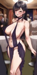 1girl absurdres areola_slip bare_shoulders black_dress blue_eyes blurry blurry_background blush body_jewelry breasts center_opening cleavage commentary_request covered_erect_nipples cowl_neck curtains dress earrings evening_gown female_pubic_hair formal_clothes highres hoop_earrings indoors jack_dempa jewelry large_breasts large_variant_set long_hair looking_at_viewer miyamae_shiho_(jack_dempa) mole mole_on_arm mole_on_breast mole_under_eye multiple_boys multiple_moles o-ring open_mouth original parted_bangs plunging_neckline pubic_hair pubic_hair_peek revealing_clothes sleeveless sleeveless_dress smile solo_focus standing suit table thighs variant_set