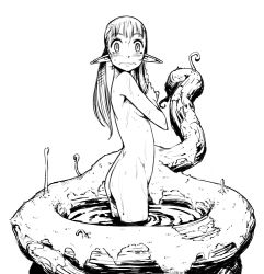 1girl ass bathing caught chyko elf embarrassed fado female_focus greyscale kokiri loli long_hair monochrome nintendo nude original pointy_ears solo surprised the_legend_of_zelda traditional_media wet