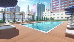 bed blue_sky building bush city cloud cloudy_sky day fence highres light_reflection_(water) no_humans non-web_source official_art our_life:_beginnings_and_always outdoors pool reflection reflective_water scenery shadow sign sky table tanning_bed tile_floor tiles tree umbrella