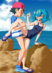 1boy 1girl 3d_background :o animal_print arm_support ash_ketchum bare_shoulders black_hair blue_hair blue_one-piece_swimsuit blue_shoes bottomless bracelet carinae censored closed_eyes cloud commentary_request day fish_print hand_up hat hetero highres jewelry kodomo_doushi lana_(pokemon) loli mosaic_censoring nintendo one-piece_swimsuit open_mouth outdoors pokemon pokemon_(anime) pokemon_sm_(anime) sandals sex shirt shoes short_hair short_sleeves shota sky spread_legs standing standing_sex striped_clothes striped_shirt sweat swimsuit t-shirt tearing_up teeth toes tongue upper_teeth_only vaginal water