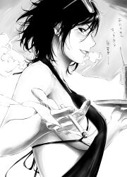 1girl absurdres apron bikini blowing_smoke breasts cigarette eyewear_on_head highres holding holding_cigarette kakitama looking_at_viewer medium_breasts medium_hair messy_hair monochrome original sideboob smoking swimsuit tray underboob waitress white_background