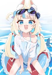 1girl :3 :d absurdres ahoge animal_ear_fluff bare_arms bare_legs blonde_hair blue_eyes blue_hair blunt_bangs collarbone commentary eyewear_on_head fang fins fish_tail frilled_innertube highres indie_virtual_youtuber innertube lifebuoy_hair_ornament light_blush long_hair looking_at_viewer low_twintails multicolored_hair no_pants one_side_up open_mouth oversized_clothes oversized_shirt sameko_saba shirt short_sleeves single_bare_shoulder single_off_shoulder smile solo streaked_hair sunglasses swim_ring t-shirt tail twintails two-tone_hair very_long_hair virtual_youtuber water wep16night white_shirt