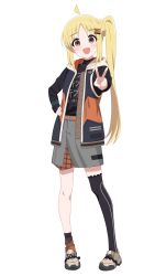 1girl :d absurdres ahoge asymmetrical_legwear belle_(zenless_zone_zero) belle_(zenless_zone_zero)_(cosplay) belt black_jacket black_shirt black_socks black_thighhighs blonde_hair blush bocchi_the_rock! brown_eyes brown_shoes c-r-carlos chinese_commentary clothes_writing commentary_request cosplay detached_ahoge dot_nose full_body grey_skirt hair_ornament hand_on_own_hip highres hood hooded_jacket ijichi_nijika jacket layered_skirt letter_hair_ornament long_hair long_sleeves looking_at_viewer loose_socks mismatched_legwear multicolored_jacket open_clothes open_jacket open_mouth orange_belt orange_jacket orange_skirt orange_socks pigeon-toed plaid_clothes plaid_skirt shirt shoes side_ponytail sidelocks simple_background single_thighhigh skirt sleeveless sleeveless_jacket sleeves_past_wrists smile socks solo standing tareme thighhighs uneven_legwear unzipped v white_background wispy_bangs zenless_zone_zero zipper