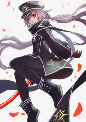 1girl black_boots black_hat black_pantyhose black_shirt boots closed_mouth duel_monster gloves grey_hair hat ishii_(young-moon) long_hair looking_at_viewer pantyhose red_eyes red_gloves shirt simple_background sky_striker_ace_-_roze solo twintails very_long_hair white_background yu-gi-oh!