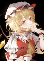 1girl absurdres ascot black_background blonde_hair choker closed_mouth cup flandre_scarlet frilled_hat frills hair_between_eyes hat hat_ribbon highres holding holding_cup medium_hair mob_cap nail_polish red_choker red_eyes red_nails red_ribbon red_shirt ribbon shirt solo tea tongue tongue_out touhou twitter_username upper_body uzmee white_hat yellow_ascot
