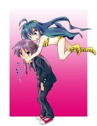 Rule 34 | 2girls, converse, cosplay, couple, green eyes, hair between eyes, highres, hiiragi kagami, horns, izumi konata, lucky star, lum, lum (cosplay), mole, mole under eye, moroboshi ataru, moroboshi ataru (cosplay), multiple girls, nirata masoba, open mouth, purple eyes, purple hair, red footwear, school uniform, translation request, urusei yatsura, yuri