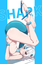 1girl absurdres bikini blue_eyes blue_hair blush english_text feet fins fish_tail gawr_gura grey_hair hair_ornament hashira_14 highres hololive long_hair looking_at_viewer multicolored_hair sandals shark_girl shark_tail solo streaked_hair striped_bikini striped_clothes swimsuit tail thighs upside-down virtual_youtuber