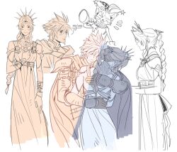 1boy 1girl aerith_gainsborough aerith_gainsborough_(loveless_dress) armlet armor bare_shoulders braid braided_ponytail breasts cait_sith_(final_fantasy) closed_eyes cloud_strife cloud_strife_(alphreid_costume) crown dress final_fantasy final_fantasy_vii final_fantasy_vii_rebirth final_fantasy_vii_remake gloves hair_between_eyes hand_on_own_chest harness hat highres holding holding_megaphone hug jester_cap jewelry light_blush light_smile long_dress looking_at_viewer medium_breasts megaphone mmmckayyy multiple_views neck_ruff official_alternate_costume parted_bangs princess_rosa_costume profile short_hair shoulder_armor sidelocks single_braid sketch spiked_hair tiara white_background