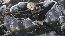 1girl absurdres aiming alternate_costume azur_lane bare_tree battle bead_necklace beads black_boots black_dress black_hat black_thighhighs blonde_hair boots bow_(weapon) braid braided_bun breasts cleavage closed_mouth commentary copyright_notice corset cross cross_necklace crossbow dress english_commentary etama_quomo expressionless falling_petals fingerless_gloves frilled_dress frills full_body full_moon garter_straps ghost gloves grave graveyard hair_bun hair_over_one_eye halloween hat hat_tassel high_heel_boots high_heels highres holding holding_crossbow holding_jewelry holding_necklace holding_weapon jewelry juliet_sleeves knee_boots logo long_sleeves manjuu_(azur_lane) medium_breasts moon necklace night official_art orange_eyes outdoors outstretched_arm parted_bangs petals puffy_sleeves rosary second-party_source sheffield_(azur_lane) short_hair solo standing thighhighs tombstone tree underbust v-shaped_eyebrows watermark weapon white_gloves