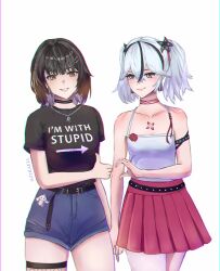 2girls abby_(wuthering_waves) absurdres alternate_costume bare_shoulders belt black_belt black_choker black_eyes black_flower black_hair black_shirt blake_bloom_(wuthering_waves) breasts camellya_(wuthering_waves) camisole character_charm charm_(object) choker chromatic_aberration clothes_writing collarbone colored_inner_hair commentary cowboy_shot denim denim_shorts earrings english_commentary female_rover_(wuthering_waves) fishnet_thighhighs fishnets flower gold_earrings grey_hair hair_between_eyes hair_flower hair_ornament heart_hands_failure heavy_chromatic_aberration highres holding_hands i&#039;m_with_stupid_(meme) jewelry large_breasts looking_at_viewer meme multicolored_hair multiple_girls necklace objectification parted_lips pink_skirt red_choker red_pupils rover_(wuthering_waves) shirt short_hair shorts simple_background single_thighhigh skirt small_breasts smile thighhighs thighs thumbs_up white_background white_camisole wuthering_waves yellow_eyes z1raell