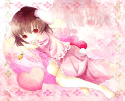 1girl animal_ears bad_id bad_pixiv_id barefoot brown_hair carrot carrot_necklace female_focus heart ichitaro inaba_tewi jewelry necklace pink_theme rabbit_ears rabbit_girl rabbit_tail red_eyes short_hair solo tail touhou zoom_layer