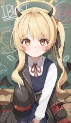 1girl 2k_(tldntkfkdro) absurdres black_coat black_dress black_horns black_tail black_wings blonde_hair blue_archive blush chalk chalkboard closed_mouth coat collared_shirt demon_horns demon_tail demon_wings doodle_sensei_(blue_archive) dress halo highres holding holding_chalk horns ibuki_(blue_archive) long_hair long_sleeves looking_at_viewer makoto_(blue_archive) open_clothes open_coat pinafore_dress pointy_ears sensei_(blue_archive) shirt side_ponytail sleeveless sleeveless_dress sleeves_past_fingers sleeves_past_wrists smile solo tail white_shirt wings yellow_eyes yellow_halo