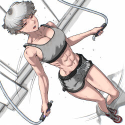 Rule 34 | bowl cut, collarbone, grey hair, grey sports bra, highres, jump rope, muscular, muscular female, original, red eyes, rggr, sports bra