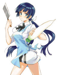 1girl apron bad_id bad_pixiv_id blue_eyes blue_hair bow cleaver daikon female_focus frown long_hair maji_de_watashi_ni_koi_shinasai! matching_hair/eyes mayuzumi_yukie radish school_uniform solo twintails yuu_(warm_water)