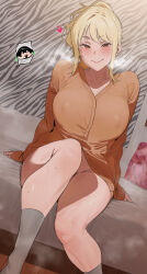 Rule 34 | 2girls, bed sheet, blonde hair, blush, bottomless, breasts, brown eyes, character request, closed mouth, collarbone, covered erect nipples, female pubic hair, grey socks, heart, highres, indoors, large breasts, looking at viewer, love live!, love live! nijigasaki high school idol club, multiple girls, okpriko, on bed, orange sweater, ponytail, pubic hair, sidelocks, sitting, smile, socks, sweat, sweater