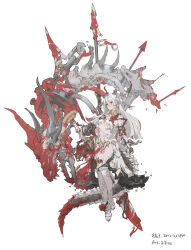 Rule 34 | 1girl, absurdres, blood, blunt ends, bone, chain, collar, cuffs, dragon girl, dragon horns, dragon skull, earrings, floating, full body, grey hair, highres, holding, holding sword, holding weapon, horns, iridescent-usee, jewelry, long hair, metal collar, original, red eyes, red hair, shackles, solo, sword, weapon