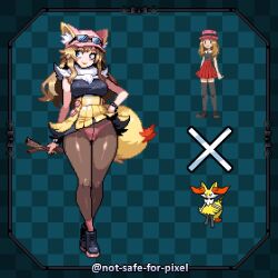 1girl alternate_breast_size alternate_costume animal_ear_fluff animal_ears arm_at_side artist_name black_boots black_shirt black_thighhighs blonde_hair blue_background blue_eyes blush boots border bracelet braixen braixen_(cosplay) breasts brown_pantyhose buttons cameltoe checkered_background closed_mouth cosplay crossed_ankles crotch_seam eyewear_on_headwear female_focus fox_ears fox_tail full_body gen_6_pokemon hand_on_own_hip happy hat high-waist_skirt holding holding_stick jewelry legs legs_together lipstick long_hair looking_to_the_side makeup medium_breasts miniskirt newsboy_cap nintendo notsafeforpixel official_art_inset panties panties_under_pantyhose pantyhose pink_hat pink_panties pink_socks pixel_art pleated_skirt pokemon pokemon_xy porkpie_hat red_skirt serena_(pokemon) shiny_clothes shirt sidelocks sideways_glance skirt sleeveless sleeveless_shirt smile socks solo standing stick studded_bracelet sunglasses tail thighhighs thighs twitter_username underwear watermark white-framed_eyewear yellow_lips yellow_skirt
