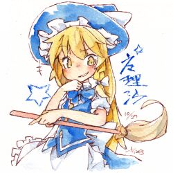 Rule 34 | 1girl, alternate color, apron, back bow, blonde hair, blue bow, blue bowtie, blue hat, blue skirt, blue vest, bow, bowtie, broom, dated, frilled apron, frills, hat, holding, holding broom, kibayashi kimori, kirisame marisa, large bow, long hair, one-hour drawing challenge, open mouth, puffy short sleeves, puffy sleeves, raised eyebrow, shirt, short sleeves, simple background, skirt, solo, touhou, very long hair, vest, waist apron, white apron, white background, white bow, white shirt, yellow eyes