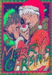 2boys alternate_costume black_hair cake commentary dated finger_in_another&#039;s_mouth food green_santa_costume hair_between_eyes hat highres hikaru_ga_shinda_natsu holding holding_cake holding_food indou_hikaru looking_at_viewer male_focus merry_christmas mokumokuren_(mokmok_len) mole mole_under_eye mole_under_mouth multiple_boys outside_border red_pupils santa_costume santa_hat symbol-only_commentary tsujinaka_yoshiki upper_body white_hair