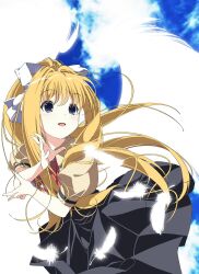 1girl air_(visual_novel) ascot black_dress blonde_hair blue_eyes cloud collared_shirt cross_brooch day dress falling_feathers feathers glowing glowing_wings hair_ribbon hashtag-only_commentary highres insomnia_(insomnia_plus) kamio_misuzu long_hair looking_afar open_mouth ponytail puffy_short_sleeves puffy_sleeves red_ascot ribbon school_uniform shirt short_sleeves sidelocks sky smile solo upper_body very_long_hair white_feathers white_ribbon white_shirt white_wings wings