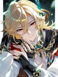 1boy black_gloves blonde_hair cinquecento closed_mouth earrings feather_hair_ornament feathers fingerless_gloves genshin_impact gloves hair_between_eyes hair_ornament jewelry kaveh_(genshin_impact) long_hair long_sleeves male_focus open_clothes open_shirt red_eyes shirt solo white_shirt