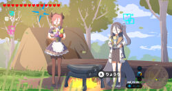 2girls absurdly_long_hair apple apron aqua_halo aris_(blue_archive) banana black_dress black_hair black_pantyhose black_skirt blue_archive blue_halo blue_sky butter closed_eyes cloud cloudy_sky commentary demon_horns dress facing_viewer food food_request fruit full_body halo highres holding holding_food horns jacket juri_(blue_archive) long_hair miaki_(mi_autumn39) milk multiple_girls mushroom nintendo one_side_up open_clothes open_jacket open_mouth outdoors pantyhose parody pleated_dress pleated_skirt skirt sky standing the_legend_of_zelda the_legend_of_zelda:_breath_of_the_wild translation_request tree user_interface very_long_hair white_apron white_jacket