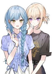 Rule 34 | 2girls, absurdres, bang dream!, bang dream! it&#039;s mygo!!!!!, black shirt, blonde hair, blue hair, blue shirt, braid, breasts, closed mouth, collared shirt, commentary request, crossed bangs, dress shirt, hair ribbon, highres, jewelry, korean commentary, long hair, medium breasts, misumi uika, multiple girls, necklace, purple eyes, ribbon, shirt, short hair, short sleeves, simple background, togawa sakiko, twin braids, white background, white ribbon, zihacheol
