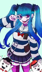 1girl amemiya_darumi black_bow blue_background blue_hair bow brain collar collarbone ear_piercing earrings face_piercing female_focus gradient_background hair_bow heart highres jewelry lip_piercing long_sleeves looking_at_viewer makeup nigou_(hundred_line) open_mouth piercing pink_eyes pink_thighhighs plated_skirt runny_makeup safety_pin shirt simple_background sirei_(hundred_line) skirt smile striped_clothes striped_shirt striped_skirt the_hundred_line_-last_defense_academy- thighhighs tongue tongue_out twintails v