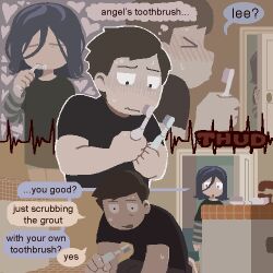 angel_martinez bathroom black_shirt blushing_male brown_hair clinical_trial_(game) door doorway heart highres homunculus100 lee_smith object_kiss purple_hair shirt shorts sweat toothbrush toothbrush_in_mouth