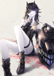 10s 1girl abyssal_ship black_dress black_hair dark_persona dress female_focus gloves highres jintsuu_(kancolle) kantai_collection light_cruiser_princess mask pale_skin parted_lips petals purple_eyes ship_turret short_dress sitting solo tears thighhighs white_thighhighs yomena