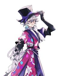 029jrr 1boy adjusting_clothes adjusting_headwear bishounen black_gloves blue_eyes blue_hair coat floral_print foreshortening from_side gavis_bettel gavis_bettel_(1st_costume) gloves grey_hair hair_between_eyes hand_up hat heterochromia highres holding holding_whip holostars holostars_english lily_print long_sleeves looking_at_viewer male_focus medium_hair multicolored_coat multicolored_hair pink_eyes pink_hair scarf smile solo top_hat upper_body virtual_youtuber white_background white_scarf