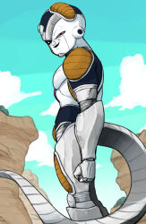 alien artist_request blue_sky closed_hand colorized cyborg desert dragon_ball dragonball_z frieza gem highres long_tail looking_down mecha_frieza pale_skin purple_gemstone red_eyes sky smile standing tagme tail villain_pose