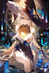 1girl bare_shoulders black_choker black_dress black_hat blonde_hair blue_butterfly breasts brown_eyes bug butterfly choker dress frilled_hat frills hat hat_ornament highres insect layered_dress long_hair looking_at_viewer necomi original partially_submerged purple_pupils sleeveless sleeveless_dress solo star_(symbol) star_hat_ornament thigh_strap thighs two-tone_dress very_long_hair water white_dress witch_hat