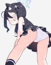 1girl animal_ear_fluff animal_ears ass black_hair black_ribbon black_skirt black_socks black_tank_top blue_archive blue_halo cameltoe commentary extra_ears grey_background hair_ribbon halo highres loli panties ribbon shun_(blue_archive) shun_(small)_(blue_archive) simple_background skirt socks solo sseopik sweat tank_top thighs twintails underwear white_panties