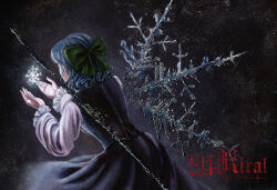Rule 34 | 1girl, alternate wings, blue hair, blue skirt, blue vest, bow, chiaroscuro, cirno, commentary, cowboy shot, dark background, detached wings, frilled sleeves, frills, from behind, glowing, glowing snowflake, green bow, hair bow, hands up, ice, ice wings, leaning forward, long skirt, long sleeves, looking at object, medium hair, mibbbbb 12345, puffy long sleeves, puffy sleeves, shirt, skirt, skirt set, snowflakes, solo, touhou, vest, wavy hair, white shirt, wings