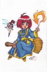 2girls bikini blue_robe bob_cut broom broom_riding cotton_(character) cotton_(game) dragon fairy fairy_wings fire highres holding holding_broom inktober long_hair looking_at_viewer multiple_girls pink_hair red_eyes red_hair robe sarumaruvg short_hair signature silk_(cotton) simple_background swimsuit traditional_media white_background wings