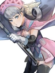 Rule 34 | 1girl, 4me3ba niku, blue eyes, breasts, cape, closed mouth, curly hair, dress, gloves, grey hair, hat, head wings, highres, holding, holding staff, long hair, looking at viewer, medium breasts, melia antiqua, short dress, simple background, solo, staff, thighhighs, white background, wings, xenoblade chronicles (series), xenoblade chronicles 1