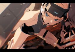 Rule 34 | 1girl, absurdres, armor, black gloves, black leotard, blast-7, blonde hair, blue archive, blue eyes, blurry, breasts, commentary request, exoskeleton, fingerless gloves, gloves, grey leotard, head-mounted display, headset, highres, leotard, letterboxed, looking at viewer, mecha pilot suit, medium breasts, multicolored leotard, open mouth, signature, solo, toki (abi-eshuh) (blue archive), toki (blue archive), two-tone leotard