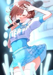 1girl absurdres arm_up blue_shirt blue_skirt blush brown_hair clear_marine_calm_(idolmaster) closed_eyes commentary_request cropped_jacket display_board fingernails glowstick highres higuchi_madoka holding holding_microphone hood hooded_jacket idol_clothes idolmaster idolmaster_shiny_colors jacket microphone mitora_nao mole mole_under_eye nail_polish pinky_out shirt short_hair skirt smile solo stage sweat thighhighs white_thighhighs