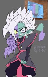 1boy black_bodysuit black_pants bodysuit boots chibi clenched_hands clenched_teeth colored_sclera colored_skin crying dragon_ball dragon_ball_super earrings fused_zamasu green_skin grey_eyes heterochromia jewelry long_sleeves melting mismatched_pupils mismatched_sclera multicolored_skin mutation pants pointy_ears potara_earrings purple_skin red_eyes red_sash ring sash sharp_teeth solo spiked_hair teeth v621 white_footwear white_hair yellow_sclera