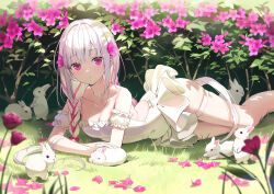 1girl animal arm_rest bare_shoulders braid braided_ponytail breasts cleavage closed_mouth collarbone commentary_request detached_sleeves dress flower frilled_dress frills grass hair_between_eyes hair_flower hair_ornament highres long_hair looking_at_viewer lying multicolored_hair on_grass on_side on_stomach original pink_flower pink_streaks puffy_detached_sleeves puffy_sleeves rabbit rangu sidelocks small_breasts solo streaked_hair thigh_strap thighs twin_braids very_long_hair white_dress white_hair
