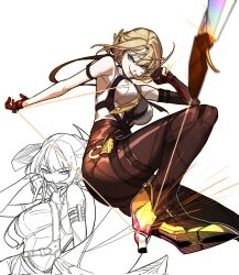 Rule 34 | 1girl, arm strap, black gloves, black pants, blonde hair, breasts, chest harness, evelyn chevalier, flying kick, gloves, gwongiyeon67479, half gloves, harness, high-waist pants, high heels, highres, kicking, large breasts, necktie, pants, purple eyes, shirt, single glove, single half glove, sketch, tight clothes, tight pants, white shirt, yellow necktie, zenless zone zero