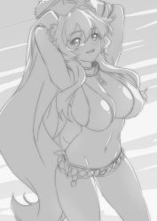 1girl :d anne_bonny_(fate) arms_behind_head bad_id bad_nijie_id bikini breasts cleavage collar fate/grand_order fate_(series) female_focus greyscale hat highres large_breasts long_hair looking_at_viewer monochrome navel open_mouth pirate_hat side-tie_bikini_bottom smile solo swimsuit very_long_hair zee_(zee_sub)