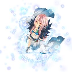 1girl belt black_belt black_sandals blue_dress blue_nails blush closed_mouth commentary_request detached_sleeves dress fingernails flat_chest from_above full_body gradient_clothes gradient_dress hexagram highres long_hair looking_afar magic_circle meiko_(nattu303) nail_polish pink_hair pointy_ears ragnarok_online red_eyes sandals sidelocks sleeveless sleeveless_dress smile solo sorcerer_(ragnarok_online) standing standing_on_magic_circle toenail_polish toenails white_dress white_sleeves