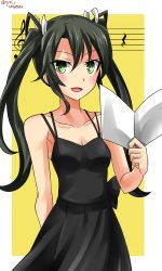 10s 1girl 2016 alternate_costume black_dress breasts crotchet_rest dated dress female_focus green_eyes grey_hair hebitsukai-san highres kantai_collection musical_note open_mouth ribbon sheet_music smile solo musical_staff treble_clef twintails twitter_username white_ribbon zuikaku_(kancolle)