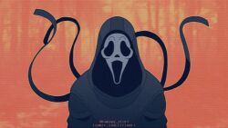 1boy animated animated_gif artist_name black_gloves black_hood black_robe clenched_hand cweepy_stuff dead_by_daylight facing_viewer film_grain ghost_mask ghostface gloves hood hood_up hooded_robe laughing looping_animation male_focus mask orange_background robe scream_(movie) solo tumblr_username twitter_username upper_body watermark web_address