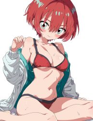 1girl amate_yuzuriha aqua_eyes bikini breasts gundam gundam_gquuuuuux hatohatoh highres jacket long_sleeves looking_at_viewer medium_breasts open_clothes open_jacket red_bikini red_hair short_hair simple_background solo swimsuit white_background white_jacket