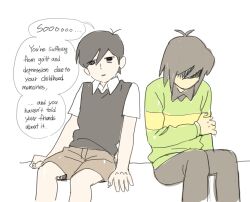 1boy 1other black_eyes black_hair black_pants black_vest brown_hair brown_shorts collared_shirt commentary_request crossover deltarune english_text green_shirt hand_on_own_arm korean_commentary kris_(deltarune) long_sleeves omori pants shirt short_hair short_sleeves shorts sitting speech_bubble striped_clothes striped_shirt sunny_(omori) trait_connection ttudolee very_short_hair vest white_shirt